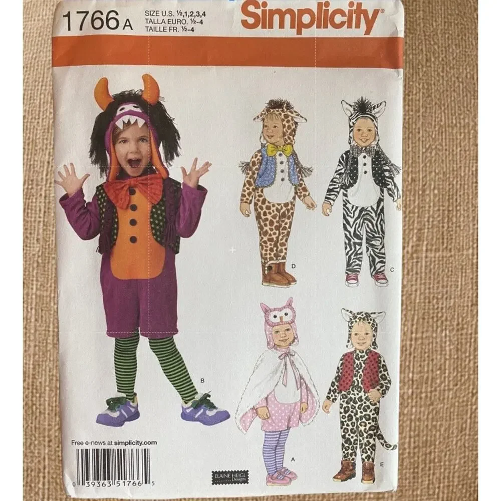 Simplicity 1766 Toddler Costume Pattern Animal Owl Giraffe Zebra Monster